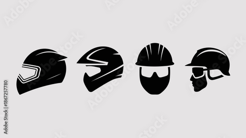 a minimalist illustration showcases four distinct headwear silhouettes against a neutral background depicting a motorcycle helmet a face mask a construction helmet and a top
