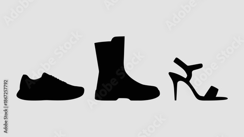 a minimalist depiction showcasing a variety of footwear silhouettes including a boot a sneaker and two different styles of heels against a neutral background high quality