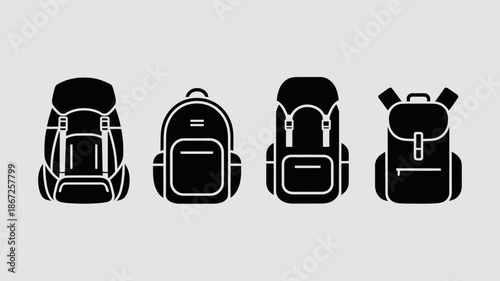a collection of black silhouette icons depicting various styles of backpacks showcasing different designs and features for travel or school high quality professional detailed modern elegant