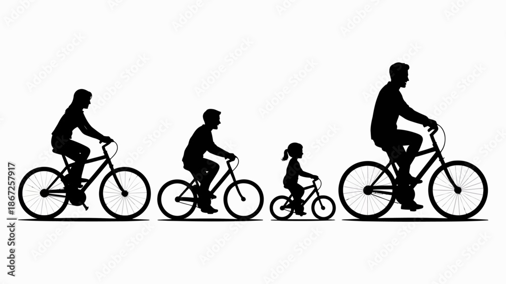 Obraz premium a simple black silhouette illustration depicts a family of four enjoying a leisurely bike ride together in a row high quality professional detailed modern elegant stylish