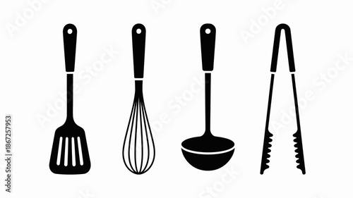 a collection of kitchen utensils is displayed in black and white featuring a spatula whisk ladle and tongs in a simple graphic style high quality professional