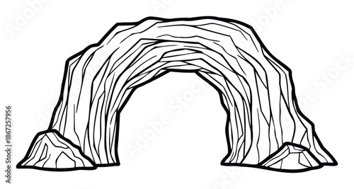 Monochrome line drawing of a majestic natural rock archway forming a textured cave entrance, ideal for geological studies, adventure travel themes, and natureinspired educational