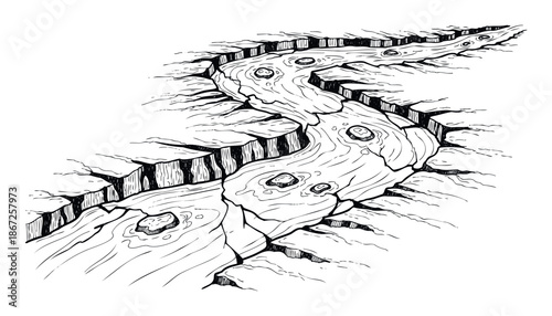 Dramatic deep canyon with a flowing river winding through cracked earth, illustrating geological erosion or powerful natural forces for environmental education and geographical studies
