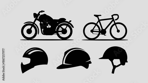 a graphic illustration displays a motorcycle a bicycle and three different helmet designs in black silhouettes against a white background high quality professional detailed modern elegant