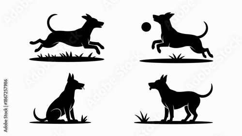 A striking silhouette illustration showcases playful dogs in various dynamic poses jumping sitting and gazing set against a grassy backdrop high quality professional detailed modern elegant