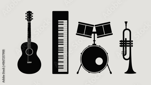 a simple illustration depicts four musical instruments aligned horizontally showcasing a guitar keyboard drum set and trumpet in black silhouettes high quality professional detailed modern elegant