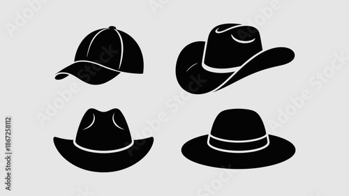 a minimalist graphic showcases four distinct hat silhouettes in black including a baseball cap cowboy hat fedora and top hat creating a stylish visual high quality