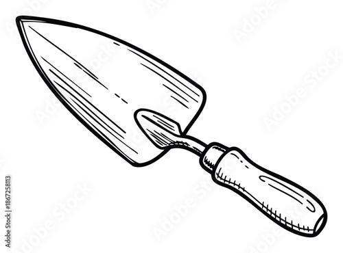 A handdrawn garden trowel provides a useful tool for various planting activities and horticulture tasks, perfect for agricultural guides, educational materials, and gardening project