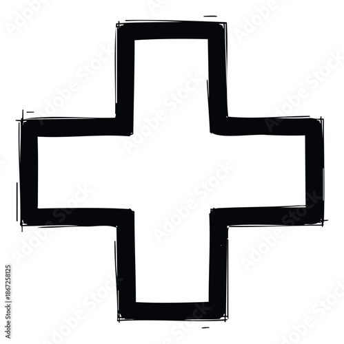 Hand drawn sketchy outline of a plus sign symbol, ideal for medical icons, health care graphics, emergency services emblems, or mathematical positive indications