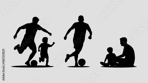 a silhouette depicts three generations of family members interacting with a soccer ball showing both athletic activity and bonding high quality professional detailed modern elegant stylish