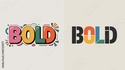 a visual comparison showcasing the word bold in two distinct typographic styles one vibrant and colorful and the other minimalist high quality professional detailed modern elegant
