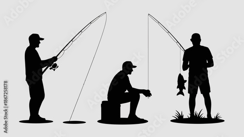 a silhouette illustration depicts three figures engaged in fishing showcasing a man reeling one seated and another holding a fish high quality professional detailed modern elegant