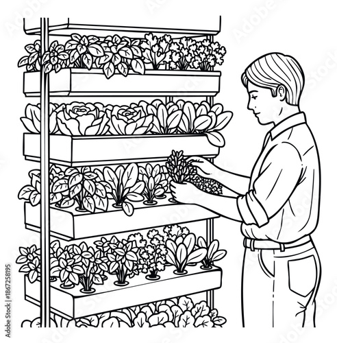 A dedicated individual carefully harvests fresh produce from a sophisticated indoor vertical hydroponic farm, emphasizing sustainable urban gardening practices for food production and