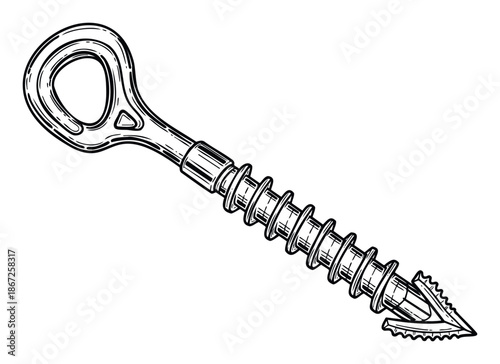 Line drawing of an ice screw used for mountaineering and rock climbing safety equipment for outdoor adventure sports and extreme alpine activities