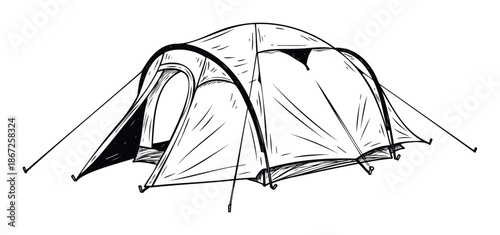 Hand drawn sketch of a durable outdoor camping tent with guylines and pegs perfect for adventure, travel, and nature tourism advertisements.