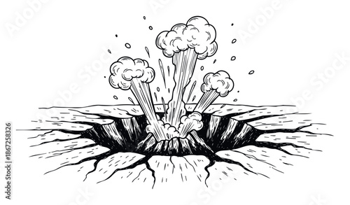 Dynamic black and white drawing of a cracked ground with powerful smoke and steam erupting from a central fissure, symbolizing an explosion or seismic event for geology and impactful visual