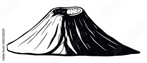 Bold black and white illustration depicting a majestic conical volcano with a visible crater, ideal for educational materials, geological studies, and nature themed publications.