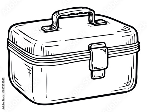 Simple black and white line drawing of a versatile storage container, featuring a top handle and front clasp, ideal for general merchandise, organizational tool, or travel accessory product