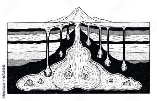 Geological cross section showing underground magma flow from earth layers beneath a mountain landscape, useful for educational materials, scientific presentations, or environmental studies.