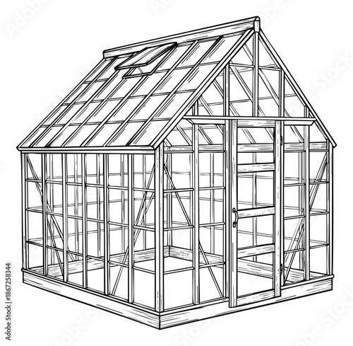 Detailed black outline drawing of a garden greenhouse structure with a visible wooden frame and glass panels perfect for horticultural concepts and agricultural education materials.