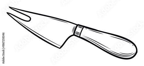 A sharp and versatile cheese knife featuring a pointed fork tip and sturdy handle, perfect for food preparation, kitchen supplies catalogs, culinary blogs, and restaurant menus.