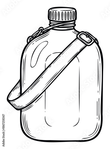 Hand drawn sketch style canteen with a shoulder strap and buckle perfect for camping gear advertisements outdoor adventure graphics or survivalist equipment guides