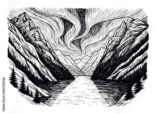 Stunning mountainous landscape with a serene body of water beneath a starry night sky dramatically lit by the mesmerizing aurora borealis, excellent for outdoor travel campaigns and nature