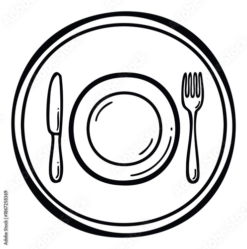 Simple graphic depicting a dining table setting with plates, a fork, and a knife, ideal for restaurant menus, food service icons, culinary blog graphics, or hospitality industry branding