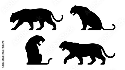 this image showcases four distinct black silhouettes of majestic panthers in various poses exhibiting their powerful feline forms and grace high quality professional detailed modern elegant