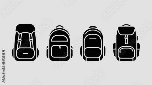 a minimalist illustration depicts four distinct backpack designs arranged in a horizontal row against a light gray background showcasing varied styles high quality professional detailed modern