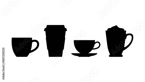 a minimalistic black and white illustration depicts four different types of beverage containers arranged horizontally in a row high quality professional detailed modern elegant stylish clean