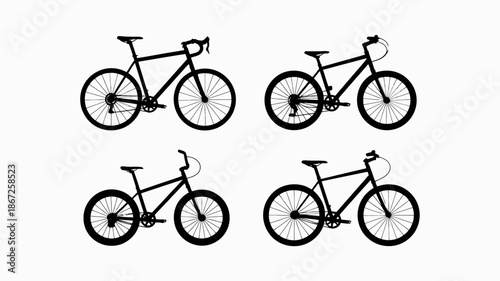 the image showcases a collection of four black silhouette bicycle illustrations arranged in a grid pattern expressing themes of cycling and transportation high quality professional detailed