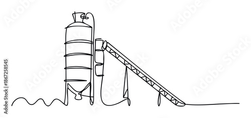 A continuous line drawing depicting a tall industrial cement silo and a long conveyor belt system, perfect for modern manufacturing, construction, or engineering themed presentations and