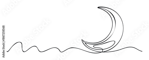 Continuous line drawing depicting an elegant crescent moon merging with a flowing wavy curve, suitable for tranquil celestial themes, branding, and modern graphic design applications.