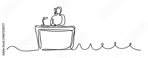 Continuous line drawing of a person speaking into a microphone at a desk, ideal for communication, media, podcast, public speaking, or broadcasting content