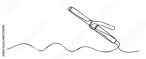 Continuous line drawing of a professional hair curling iron forming wavy strands, perfect for salon promotions, beauty tutorials, or hair care product branding materials.