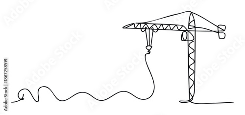 A single continuous line drawing depicts a tower crane symbolizing industrial progress and urban development, ideal for business presentations and engineeringrelated marketing materials.
