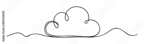 Simple black outline sketch portraying a cloud shape in a continuous stroke with complementary bottom waves perfect for minimalist logos, app icons, and atmospheric presentations