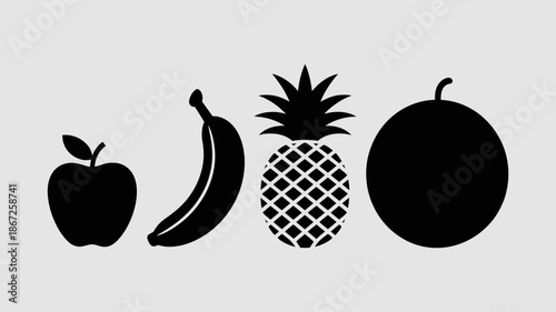 a simple black and white illustration displays an apple a banana a pineapple with a textured surface and an orange in a row high quality professional
