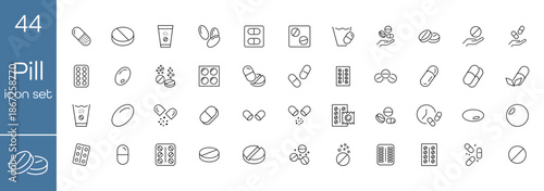 Set of 44 medical pill icons in simple line style. Includes tablets capsules blister packs and medicine symbols for healthcare apps websites infographics pharmacy and medical design projects.