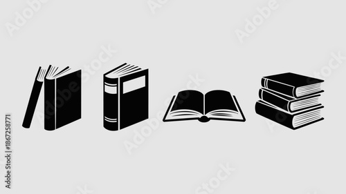 a minimalist depiction of four distinct books in black silhouette against a light gray background showcasing varying forms and orientations high quality professional detailed modern elegant