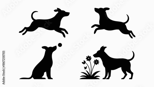 A striking black silhouette depiction showcases playful dogs in various poses including jumping sitting and interacting with flowers high quality professional detailed modern elegant stylish clean
