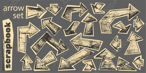 Crayon arrow collection in vibrant hues. Hand-sketched with thick lines, perfect for scrapbook layouts, collage work, and playful graphic design elements.