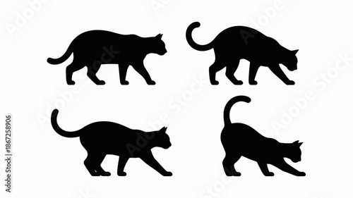 A minimalist depiction showcases four distinct silhouettes of cats in various poses revealing their graceful forms and feline movements high quality professional detailed modern elegant stylish