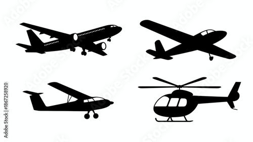 a collection of black silhouettes showcases various aircraft types including airplanes and a helicopter against a plain white background high quality professional detailed modern elegant stylish