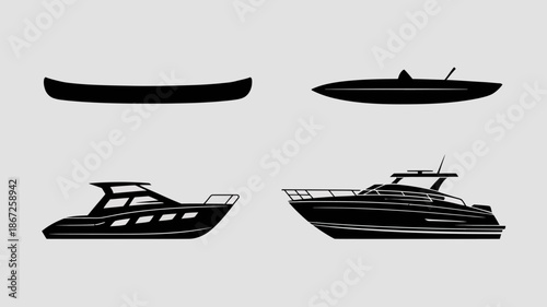 a minimalist depiction of various watercraft including a canoe a kayak a cabin cruiser and a modern yacht presented in black silhouettes high quality professional detailed