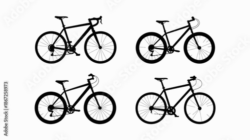 a minimalist illustration showcases four black silhouettes of bicycles arranged in a grid pattern displaying different bicycle types high quality professional detailed modern elegant stylish clean