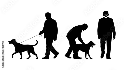 a simple black silhouette depicts a man walking a dog another man bending over a canine companion and a standing figure high quality professional detailed modern