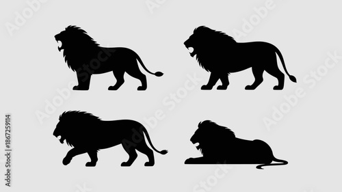 A striking visual composition showcases four distinct silhouettes of majestic lions in various poses illustrating their power and grace high quality professional detailed modern elegant stylish