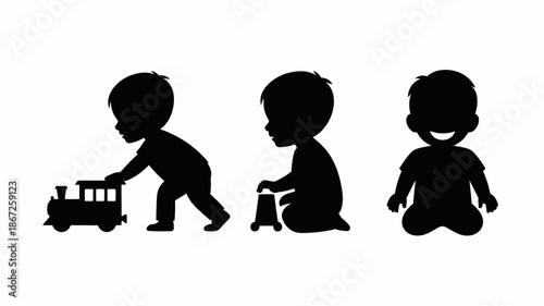 this image depicts three black silhouettes of babies each in a different pose while playing with toys illustrating stages of development high quality professional detailed modern